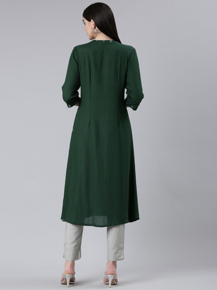 Neerus Green Pleated Straight Printed Kurtas