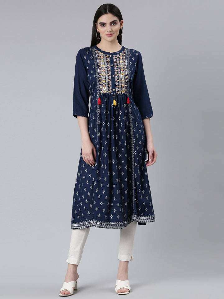 Neerus Navy Blue Pleated Straight Printed Kurtas