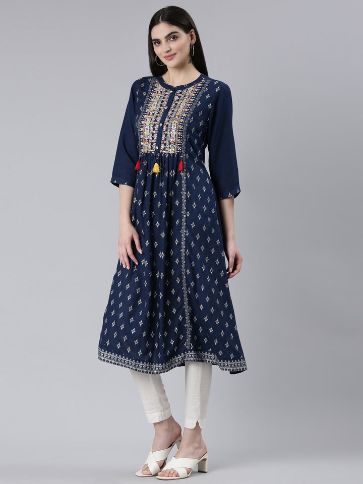 Neerus Navy Blue Pleated Straight Printed Kurtas