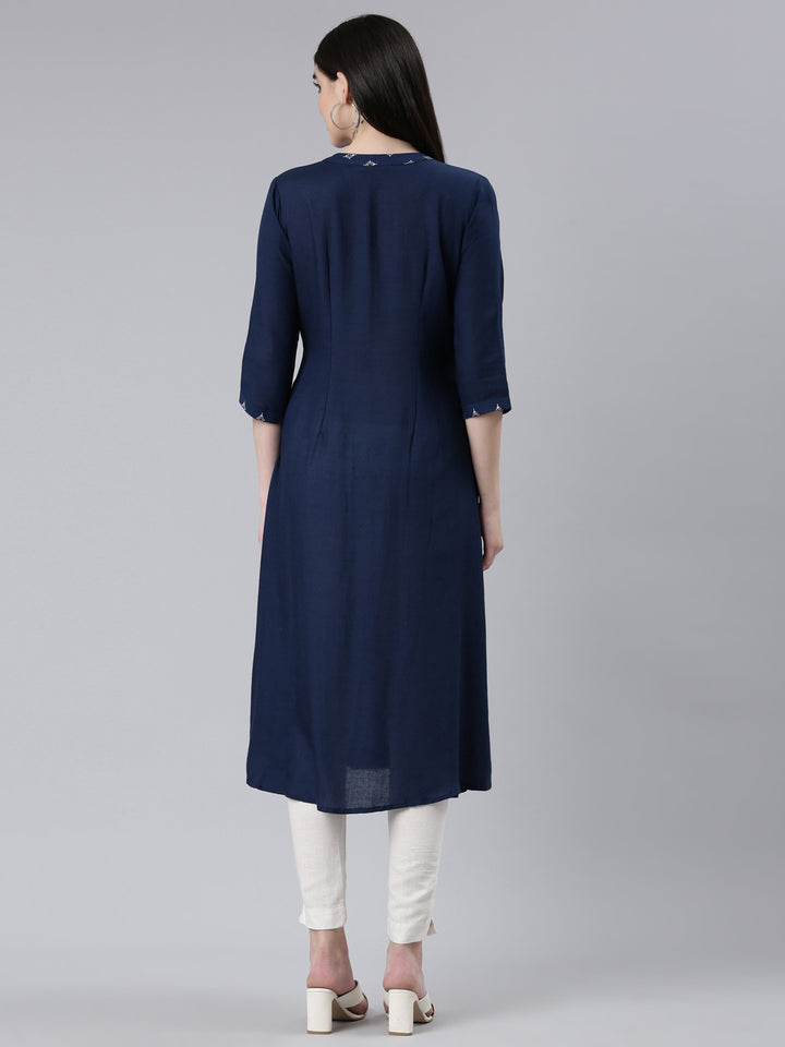 Neerus Navy Blue Pleated Straight Printed Kurtas