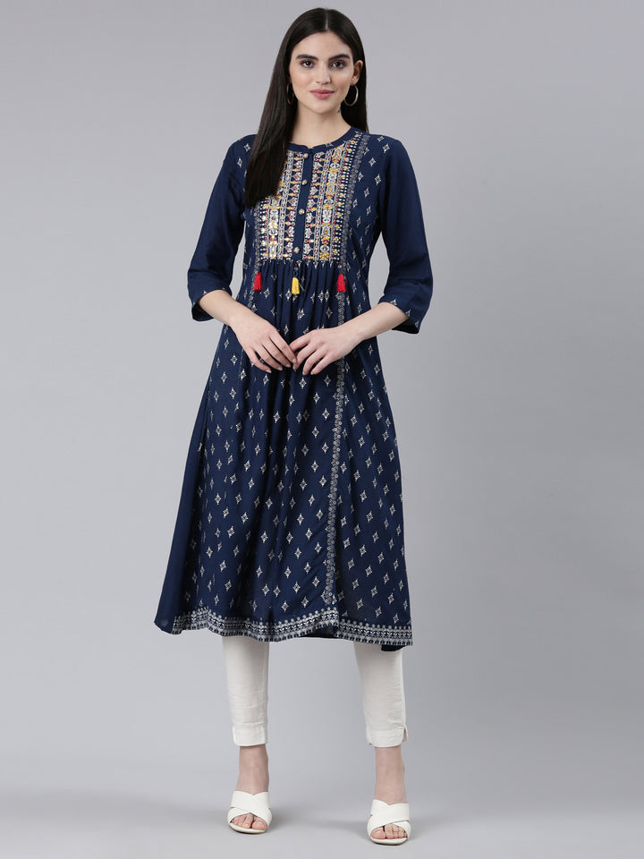Neerus Navy Blue Pleated Straight Printed Kurtas