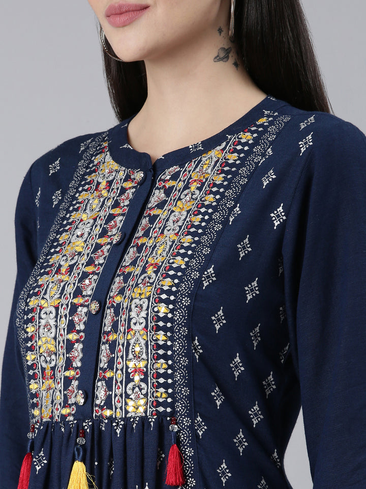 Neerus Navy Blue Pleated Straight Printed Kurtas