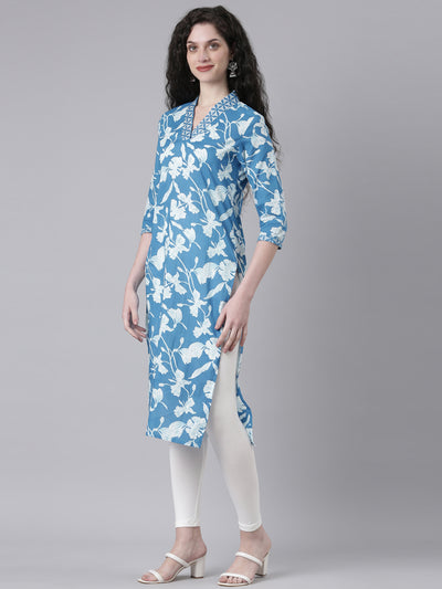 Neerus Blue Casual Floral Straight Kurtas