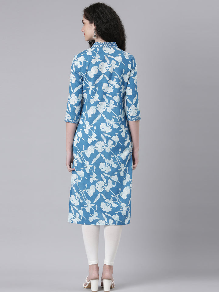 Neerus Blue Casual Floral Straight Kurtas