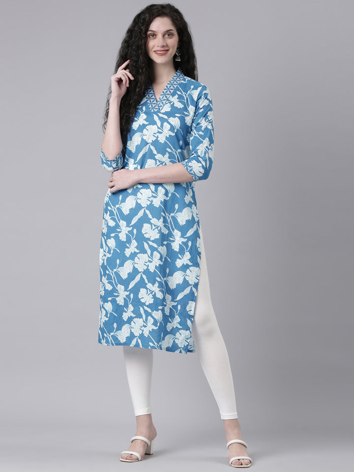 Neerus Blue Casual Floral Straight Kurtas