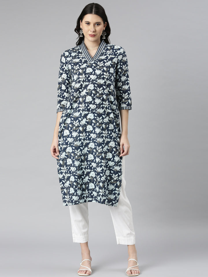 Neerus Navy Blue Casual Floral Straight Kurtas