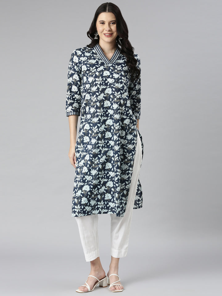 Neerus Navy Blue Casual Floral Straight Kurtas