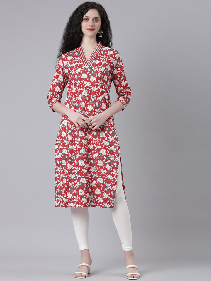Neerus Red Casual Floral Straight Kurtas