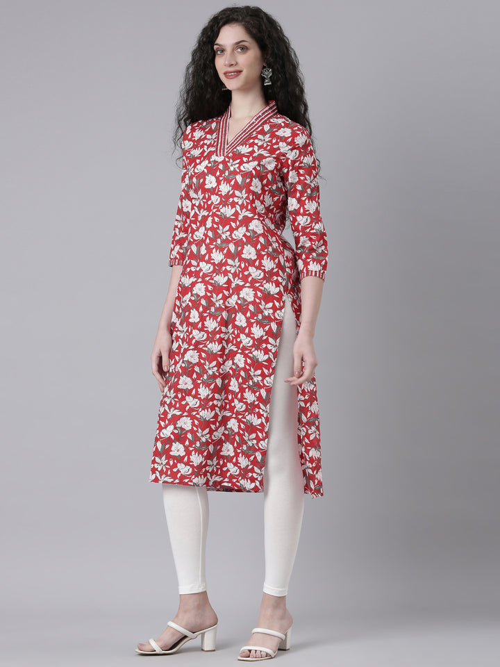 Neerus Red Casual Floral Straight Kurtas