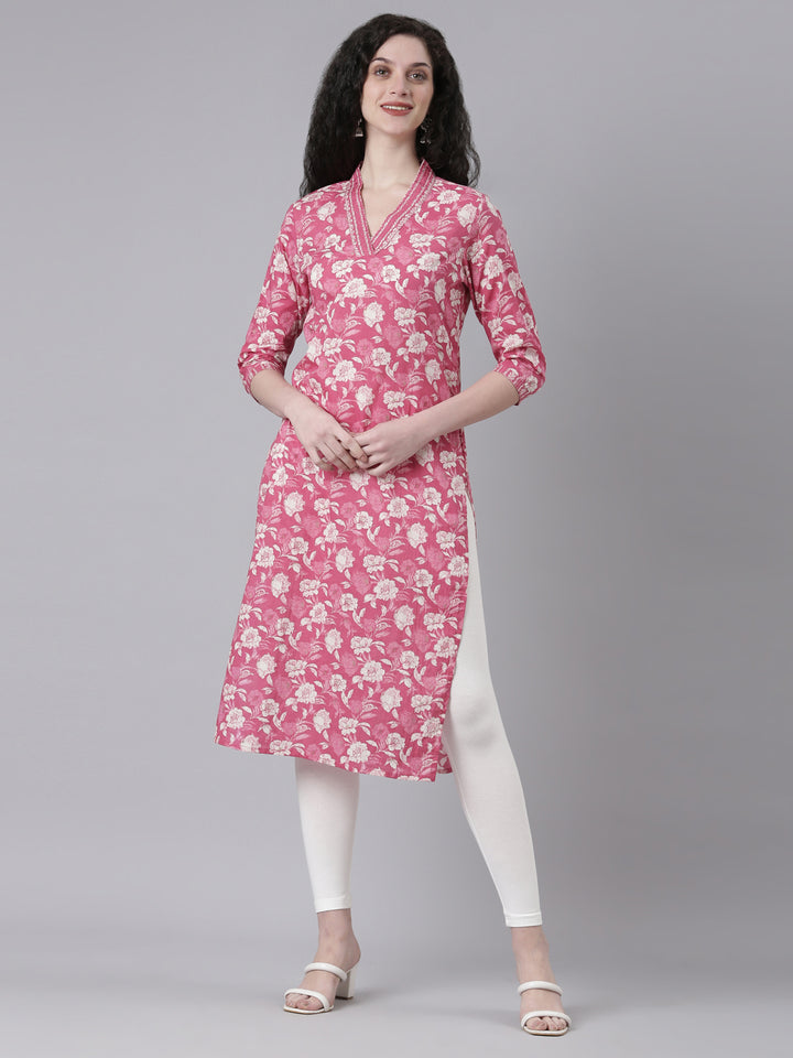 Neerus Pink Casual Floral Straight Kurtas