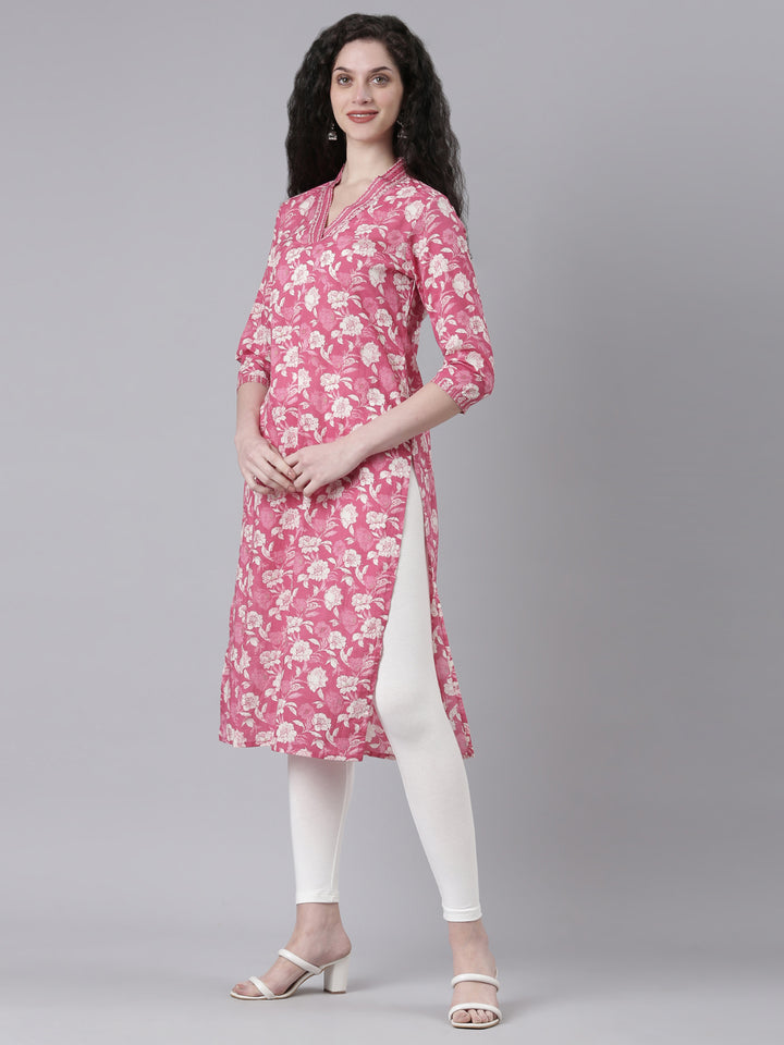 Neerus Pink Casual Floral Straight Kurtas