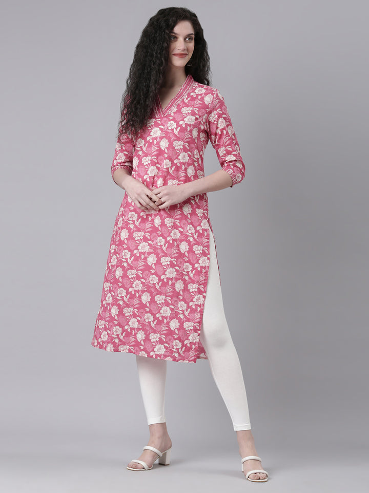 Neerus Pink Casual Floral Straight Kurtas