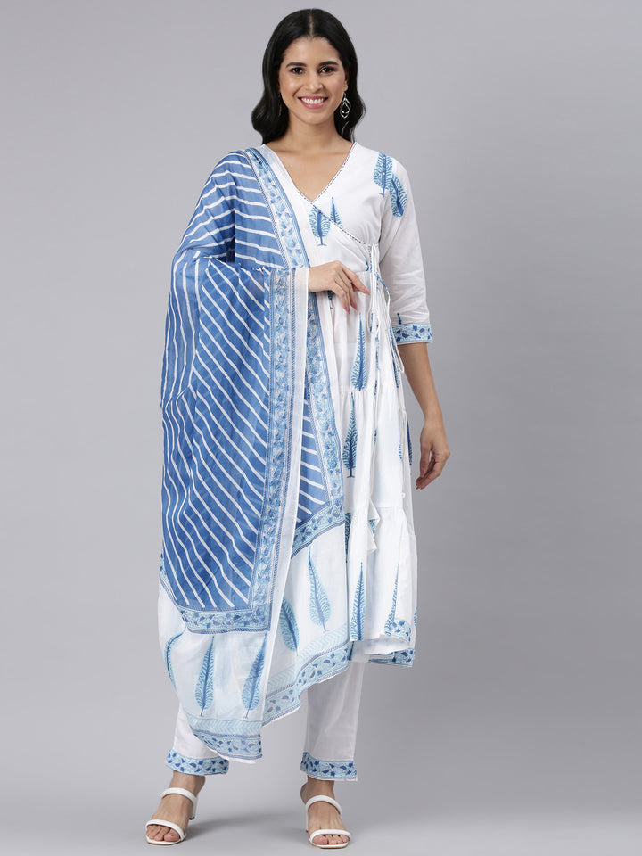 Neerus Blue Angrakha Curved Printed Kurta and Trousers With Dupatta