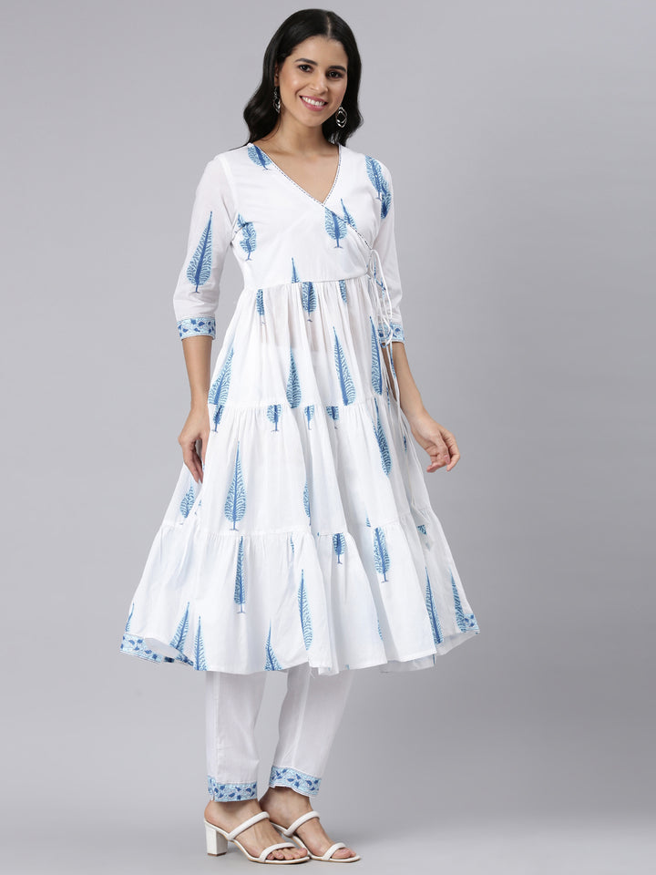 Neerus Blue Angrakha Curved Printed Kurta and Trousers With Dupatta