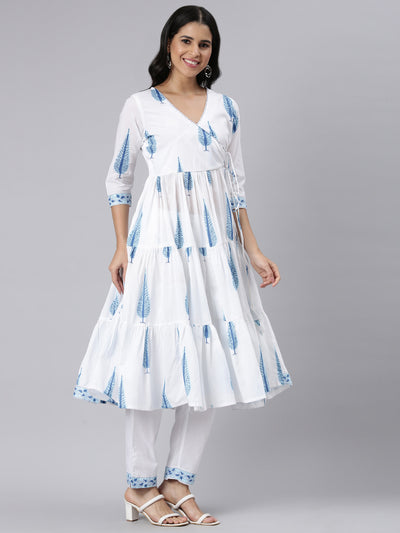 Neerus Blue Angrakha Curved Printed Kurta and Trousers With Dupatta