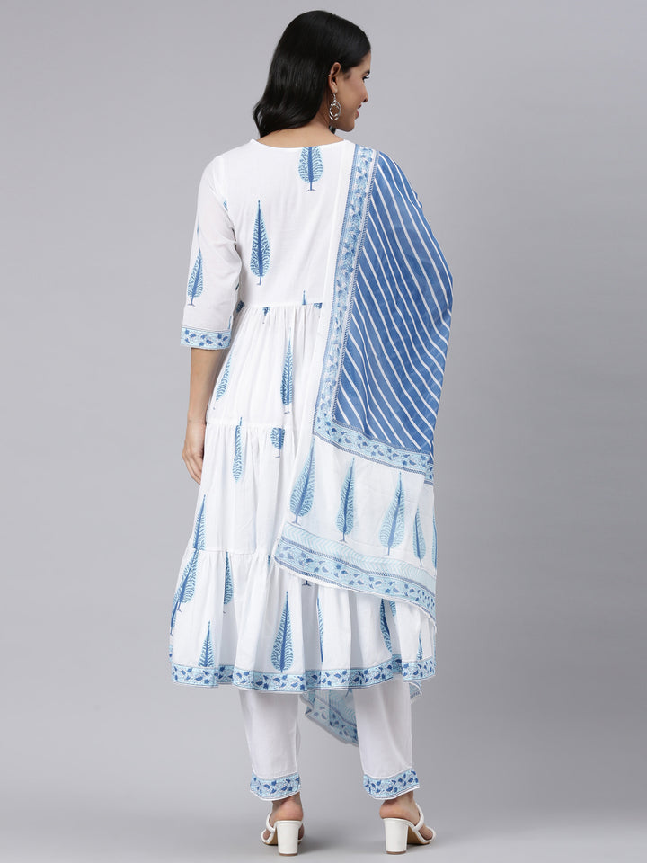 Neerus Blue Angrakha Curved Printed Kurta and Trousers With Dupatta