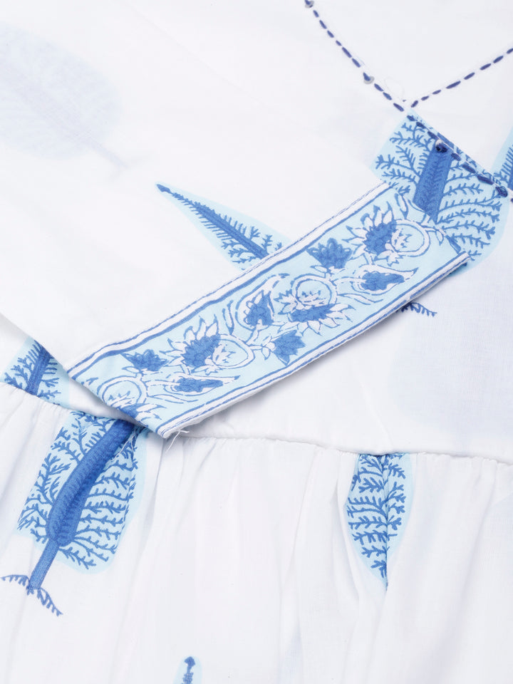 Neerus Blue Angrakha Curved Printed Kurta and Trousers With Dupatta