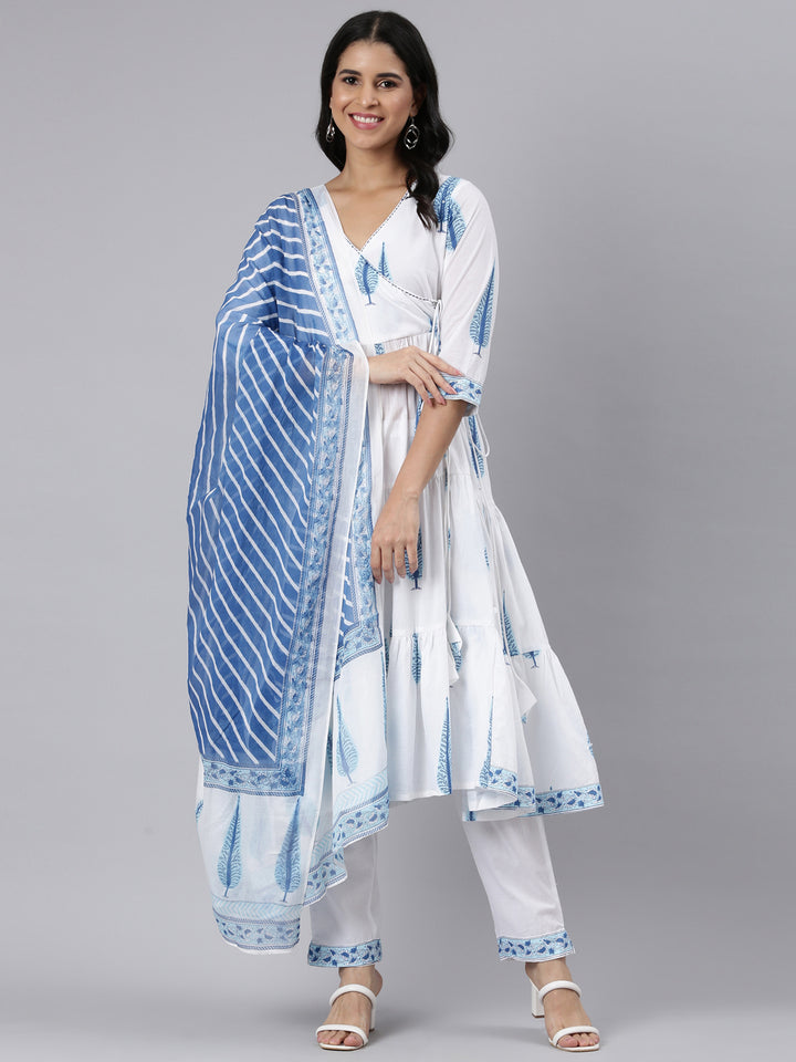 Neerus Blue Angrakha Curved Printed Kurta and Trousers With Dupatta
