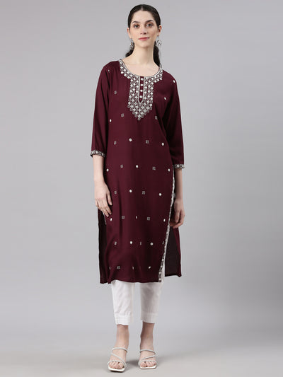 Neerus Red Straight Casual Embellished Kurtas
