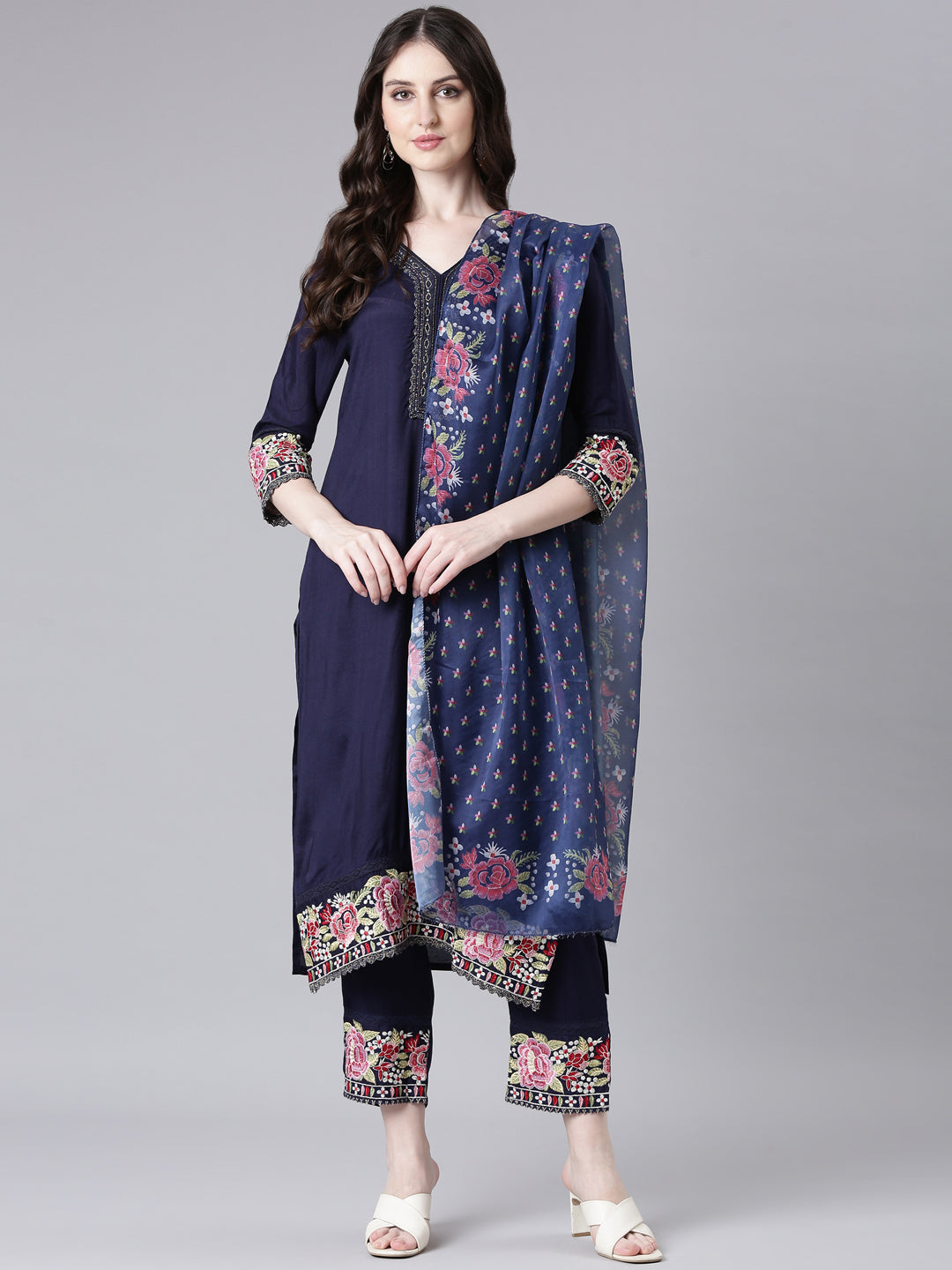 Neerus Blue Viscose Rayon Solid Straight Suit Set - front view