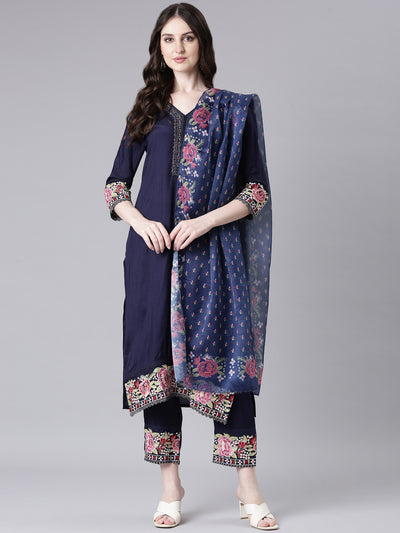 Neerus Navy Blue Solid Straight Kurta and Trousers With Dupatta