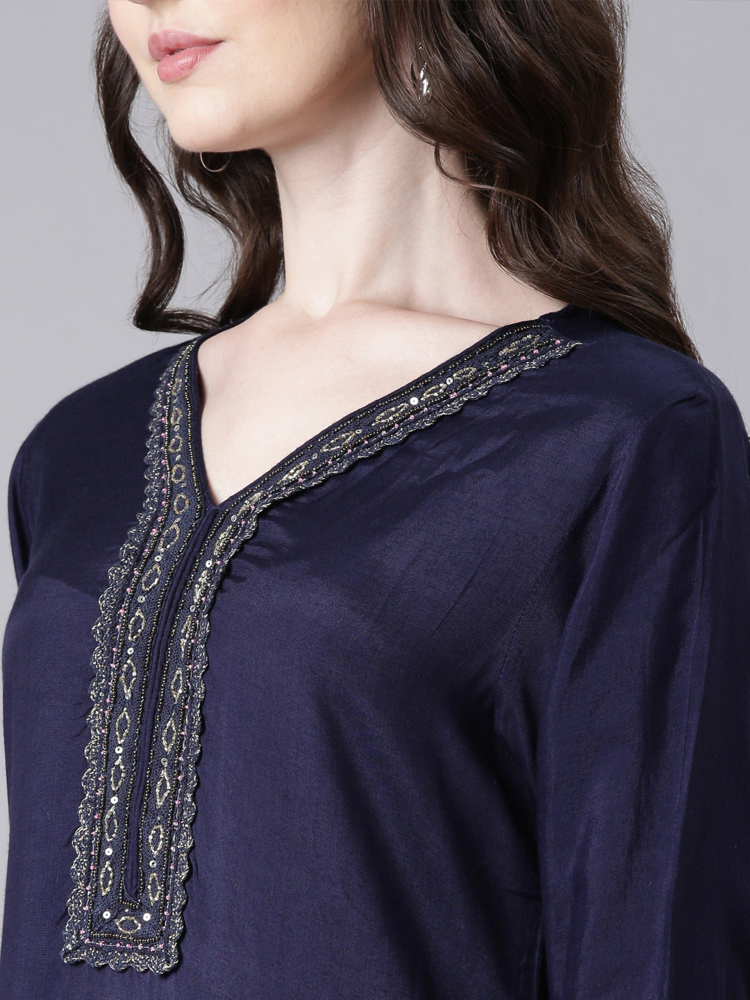 Neerus Blue Viscose Rayon Solid Straight Suit Set - detail view 1