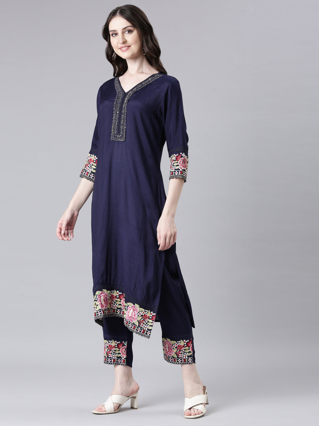 Neerus Blue Viscose Rayon Solid Straight Suit Set - back view