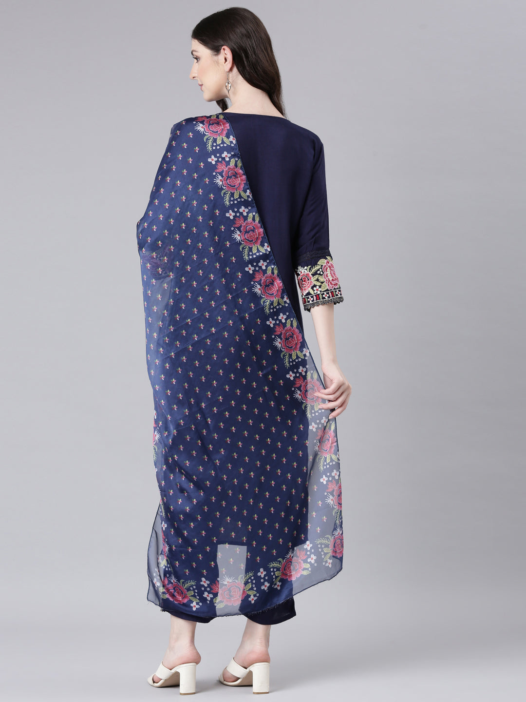 Neerus Blue Viscose Rayon Solid Straight Suit Set - side view