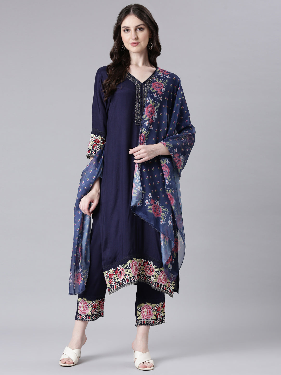 Neerus Blue Viscose Rayon Solid Straight Suit Set - detail view 2
