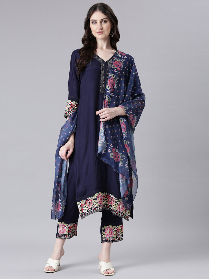 Neerus Blue Viscose Rayon Solid Straight Suit Set - detail view 2