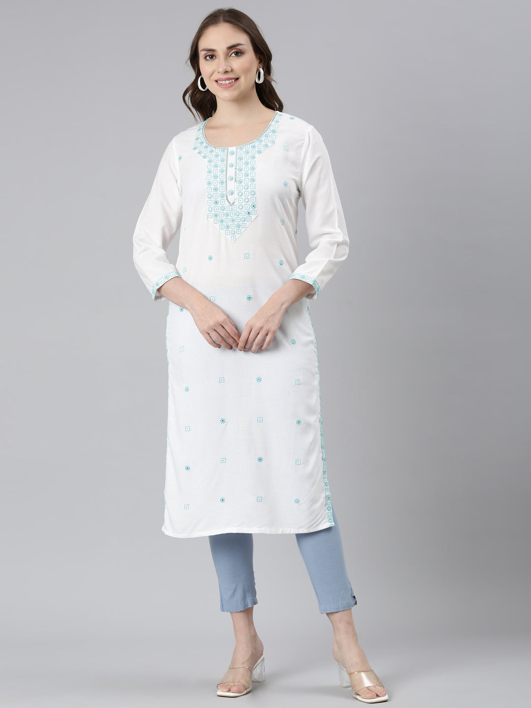 Neerus Blue cotton solid straight kurta - front view