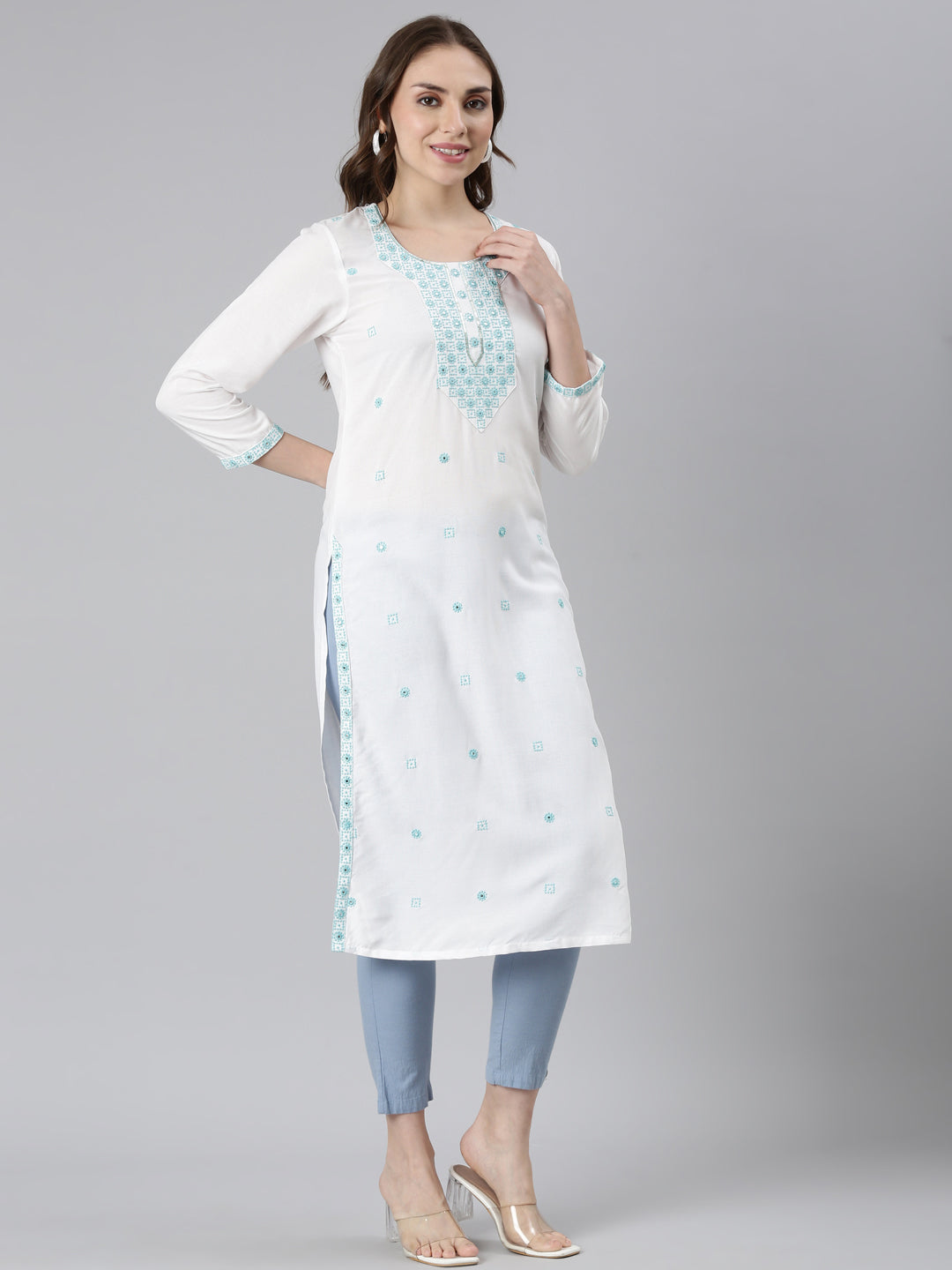Neerus Blue cotton solid straight kurta - back view