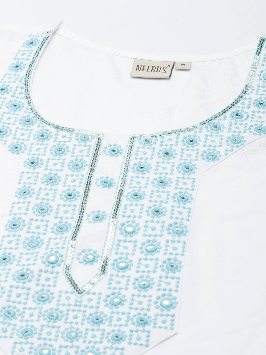 Neerus Blue cotton solid straight kurta - detail view 1