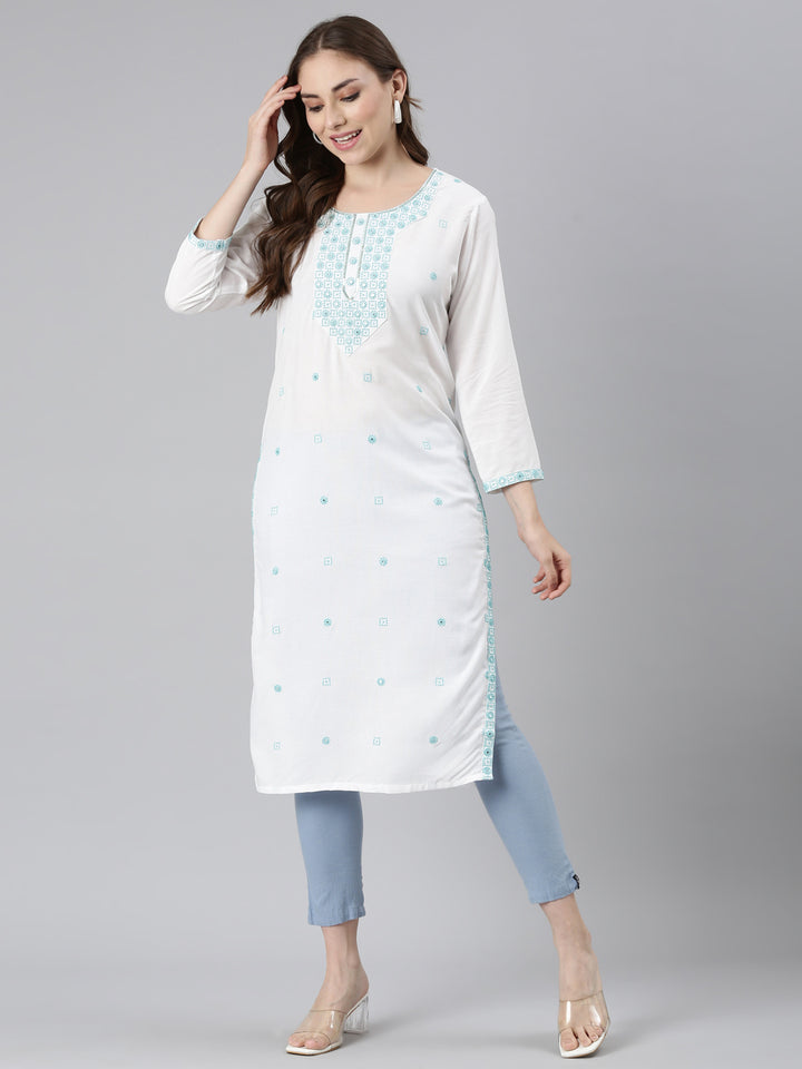 Neerus Blue cotton solid straight kurta - detail view 2