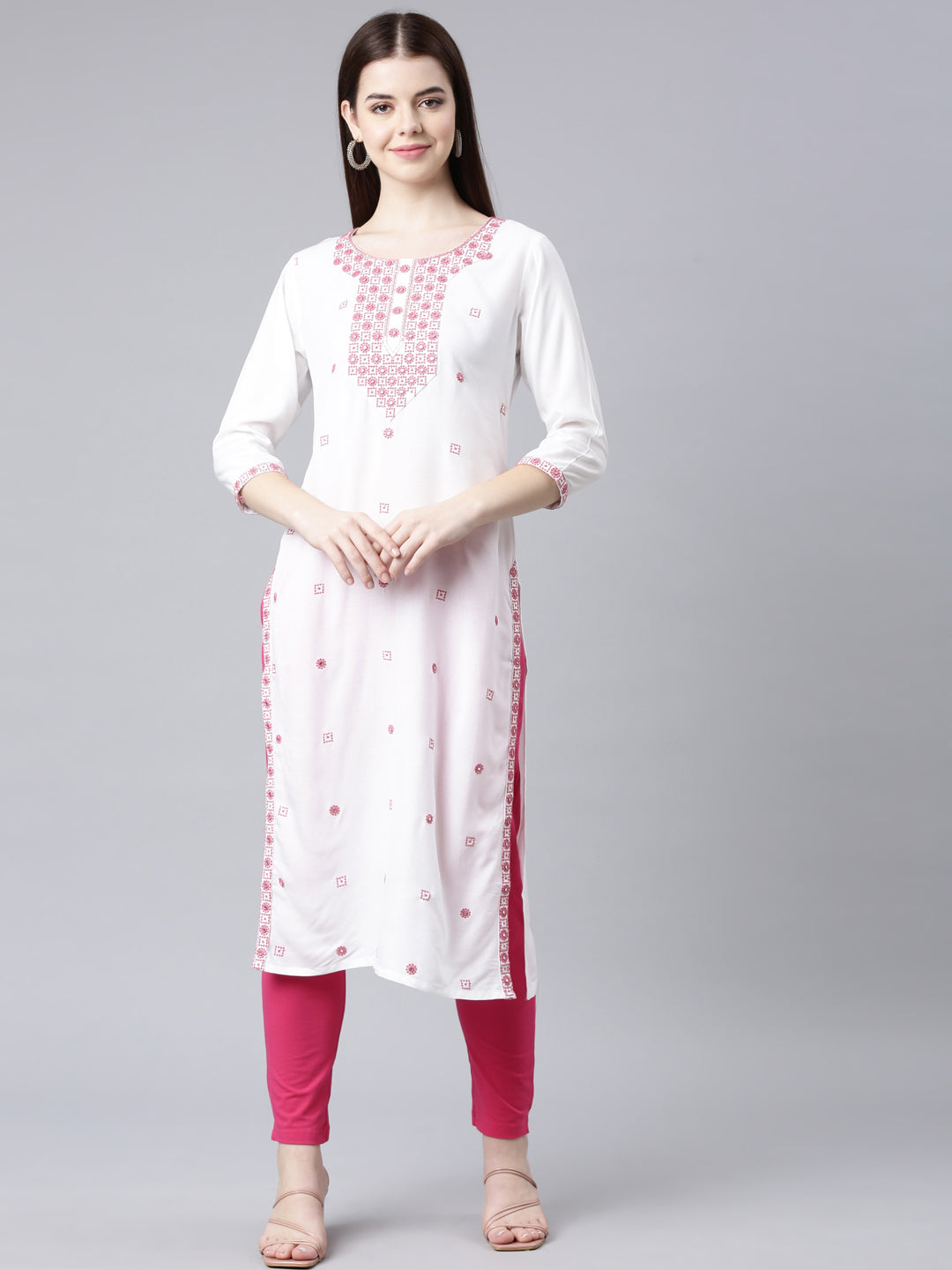 Neerus Maroon Straight Casual Solid Straight Kurtas