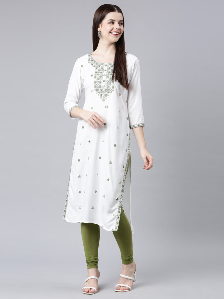 Neerus Green Straight Casual Solid Straight Kurtas