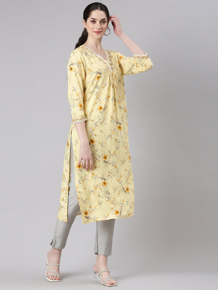 Neerus Yellow Straight Casual Floral Panelled Kurtas