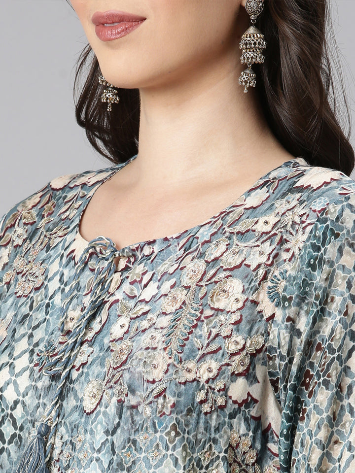 Neerus Grey Printed Straight Kurta and Trousers With Dupatta