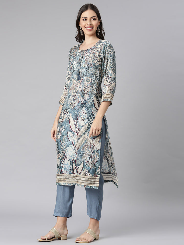 Neerus Grey Printed Straight Kurta and Trousers With Dupatta