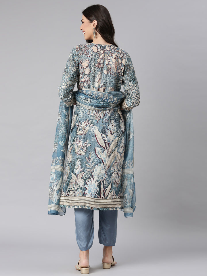 Neerus Grey Printed Straight Kurta and Trousers With Dupatta