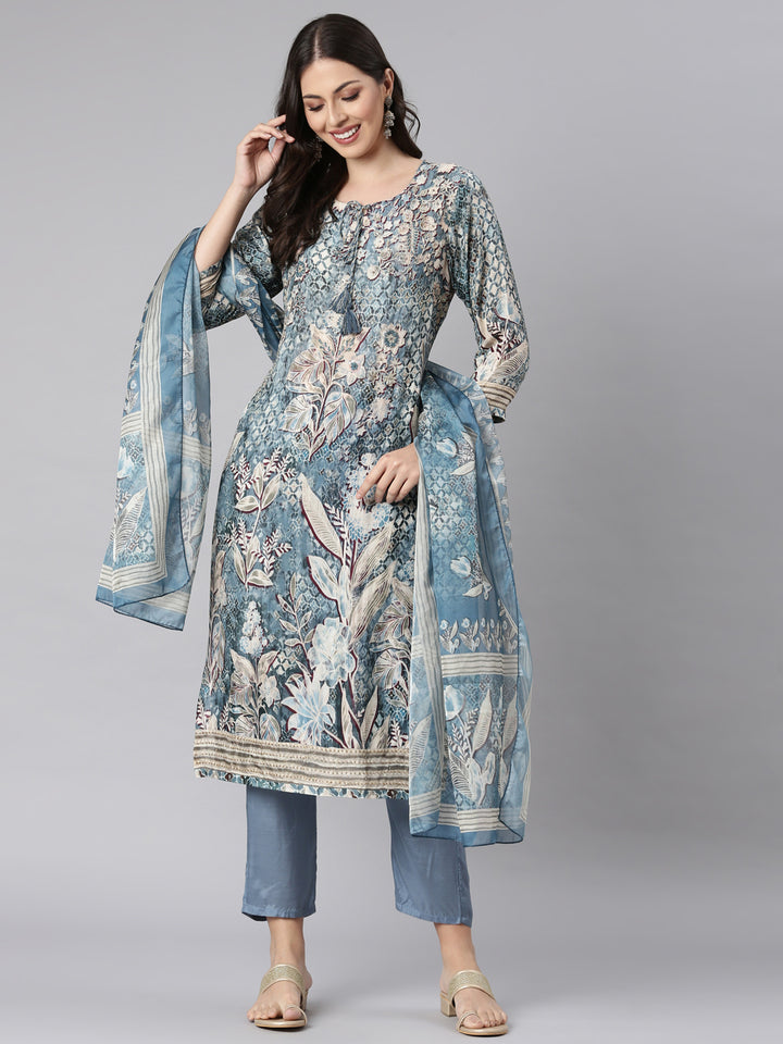 Neerus Grey Printed Straight Kurta and Trousers With Dupatta