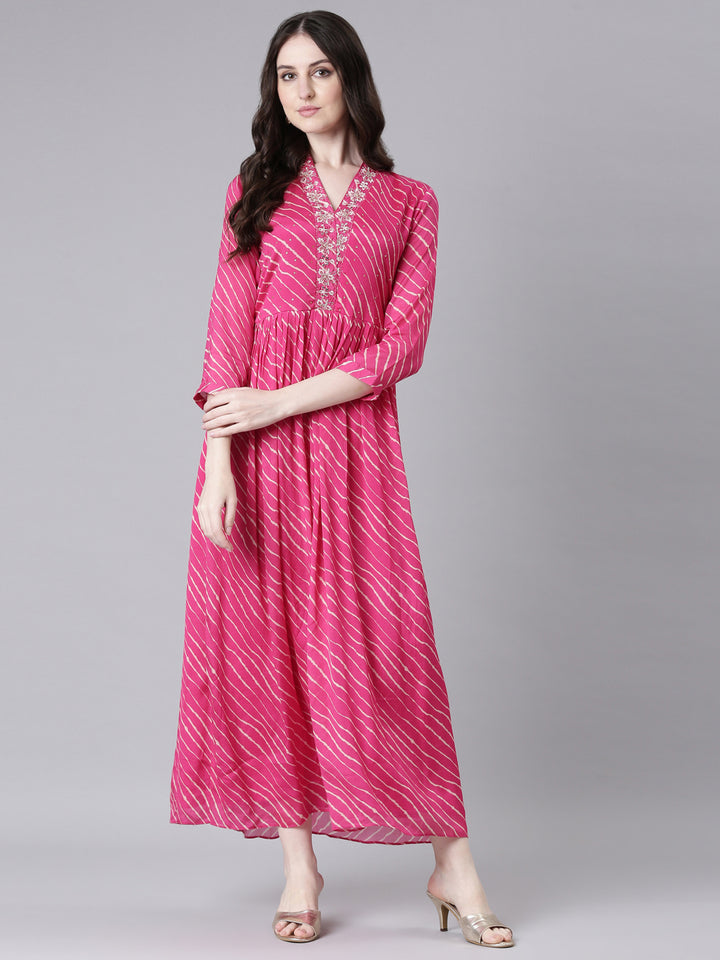 Neerus Magenta Straight Casual Striped Dresses