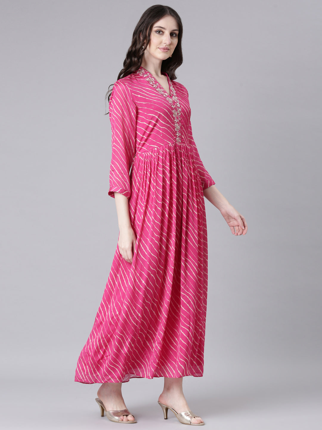 Neerus Magenta Straight Casual Striped Dresses