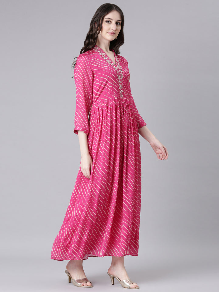 Neerus Magenta Straight Casual Striped Dresses