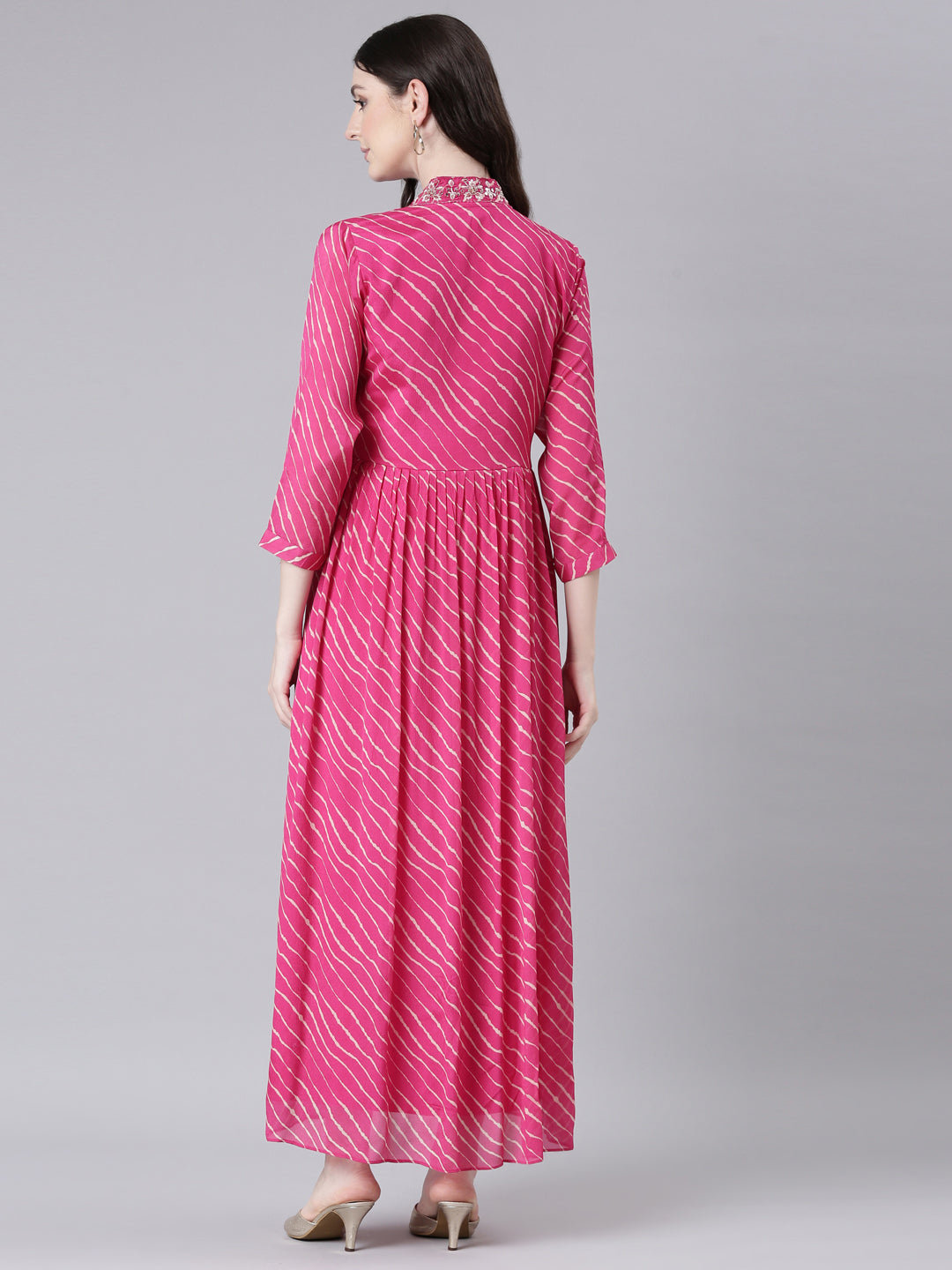 Neerus Magenta Straight Casual Striped Dresses