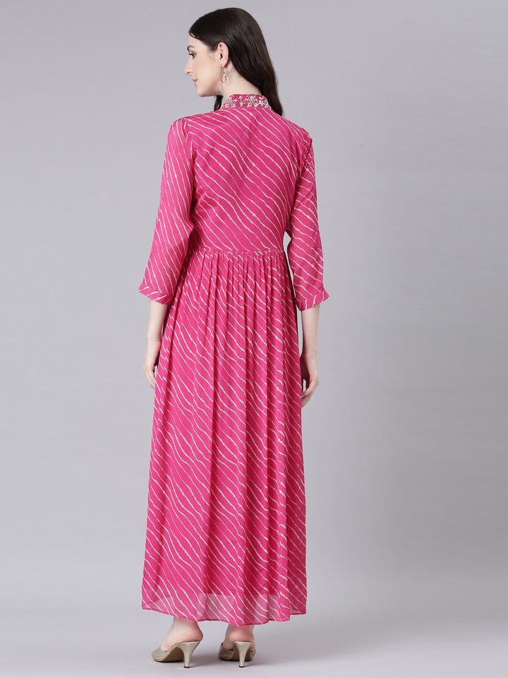 Neerus Magenta Straight Casual Striped Dresses