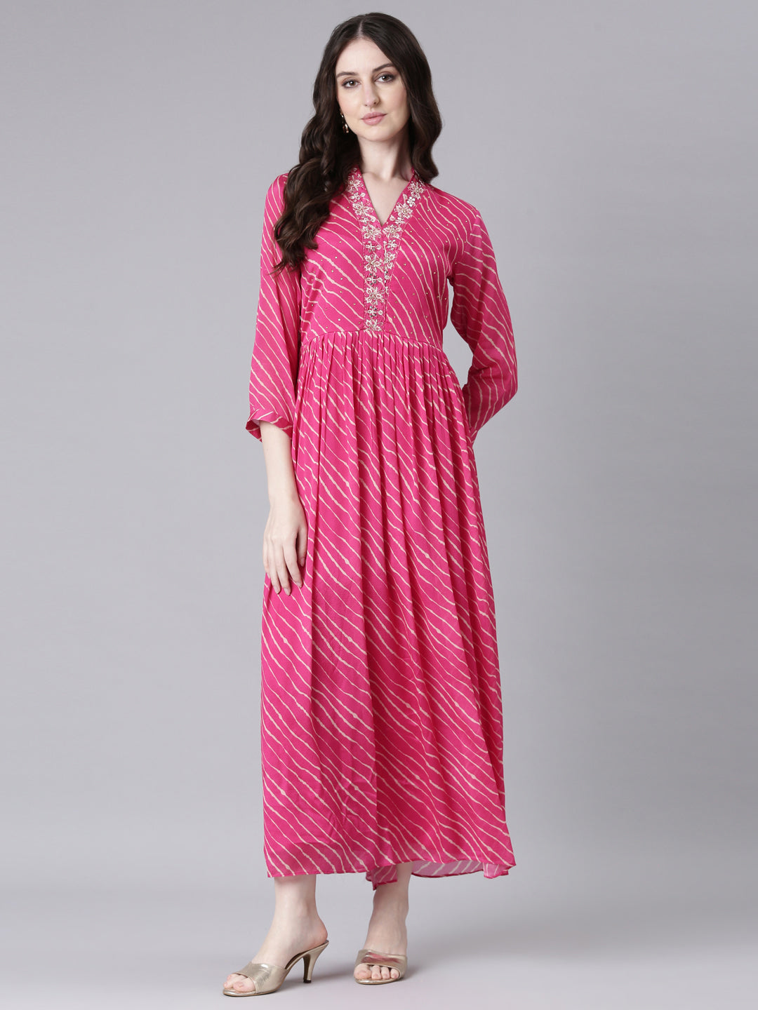 Neerus Magenta Straight Casual Striped Dresses