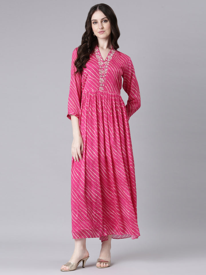 Neerus Magenta Straight Casual Striped Dresses