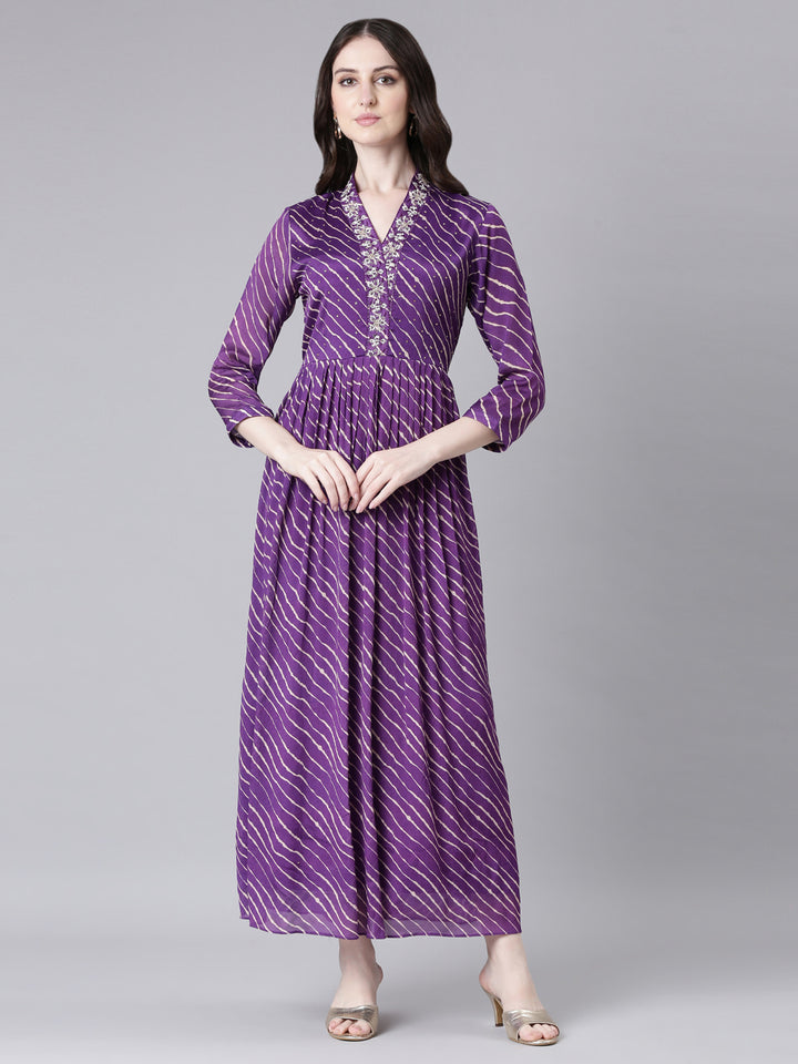 Neerus Purple Straight Casual Striped Dresses