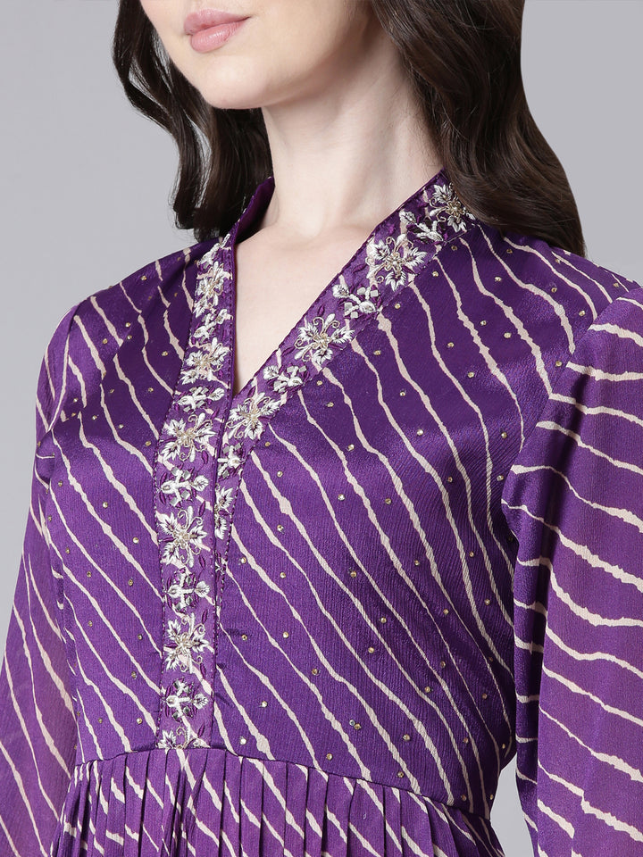 Neerus Purple Straight Casual Striped Dresses